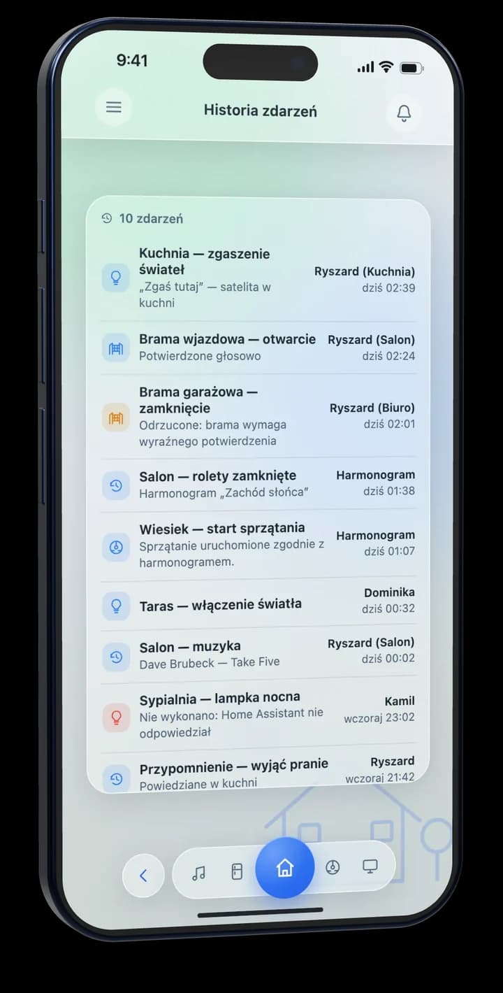 Ekran Historia zdarzeń z listą akcji i odmów