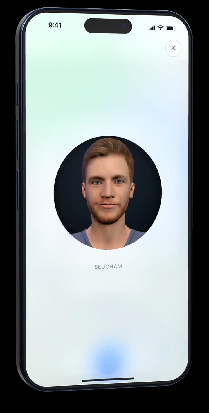 Ekran rozmowy z Ryszardem — twarz awatara i status „słucham”